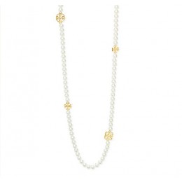Tory Burch Evie Long Necklace Ivory Pearl Shiny Gold