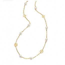 Tory Burch Evie Logo Chain Rosary Ivory Pearl Shiny Gold