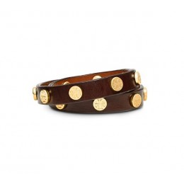 Tory Burch Leather Double-Wrap Logo Stud Bracelet Brown