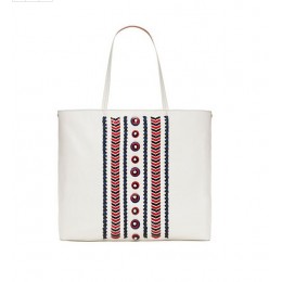 Tory Burch Embellished-Stitch Tote New Ivory Masaai Red Tory Navy