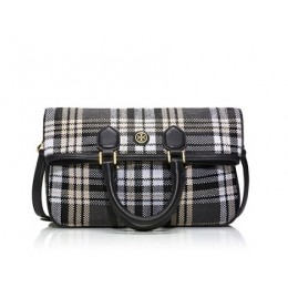 Tory Burch Robinson Plaid Fold-Over Messenger Black Beige White