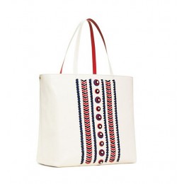Tory Burch Embellished-Stitch Tote New Ivory Masaai Red Tory Navy