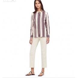 Tory Burch Stretch Silk Button-Down Shirt Dark Plum Awning Stripe A