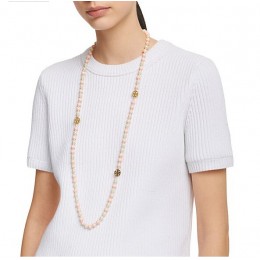 Tory Burch Dipped Evie Mini Rosary Necklace Pink Ivory Shiny Gold