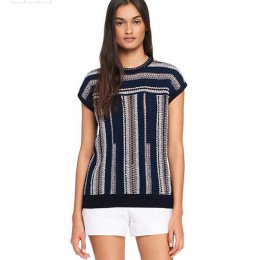 Tory Burch Mercerized Cotton Crewneck Sweater Blue Abstract Stripe Stitch A