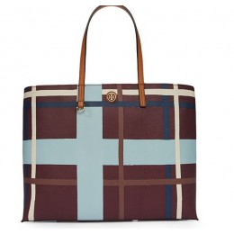 Tory Burch Kerrington Square Tote Jumbo Plaid Deep Berry