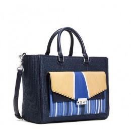 Tory Burch T-Lock Straw Tote Tory Navy Combo