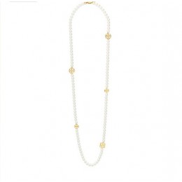 Tory Burch Evie Long Necklace Ivory Pearl Shiny Gold