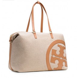 Tory Burch Lonnie Canvas Duffle Bag Natural Vachetta