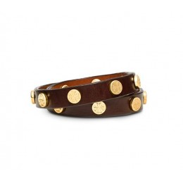 Tory Burch Leather Double-Wrap Logo Stud Bracelet Brown