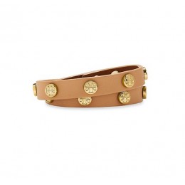Tory Burch Double-Wrap Logo Stud Bracelet Aged Vachetta