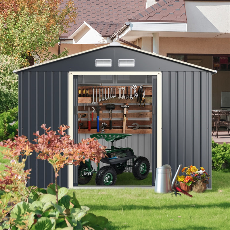 9¡¯ x 6¡¯ Outdoor Metal Storage Shed Garden Tool Storage Cabinet with 4 Vents & Sliding Double Lockable Doors