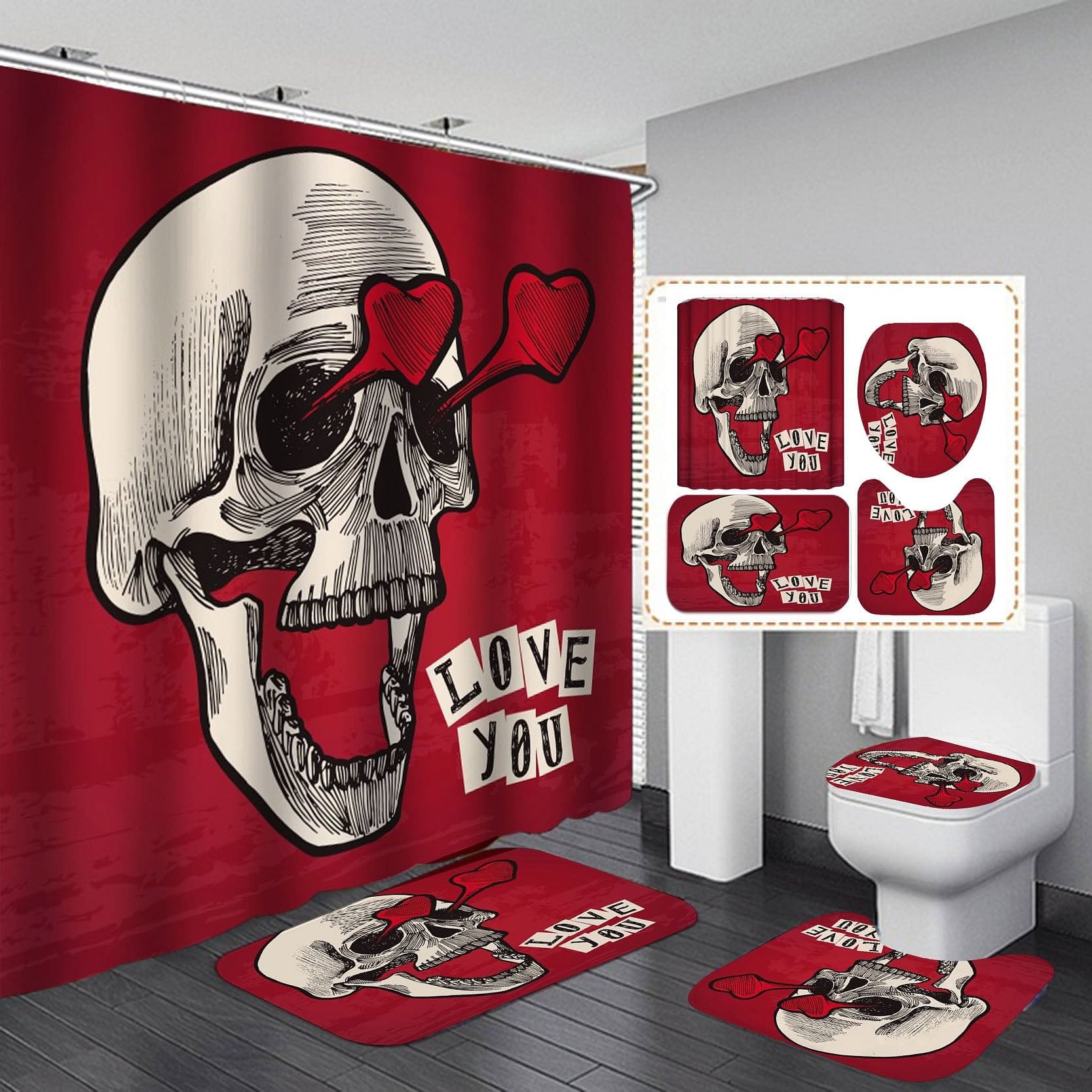 Skull Print Shower Curtain, Bath Mat, Toilet Lid Cover Or bathroom-1 Carpet