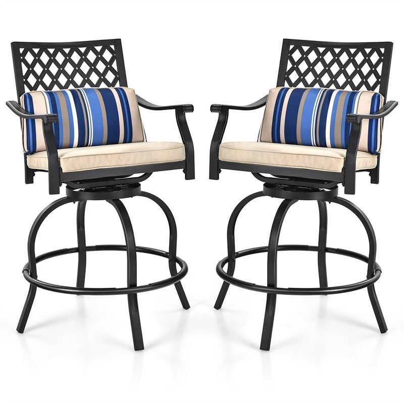 Set of 2 Patio Swivel Bar Stools Outdoor Bar Height Chairs with Soft Cushions & Steel Frame