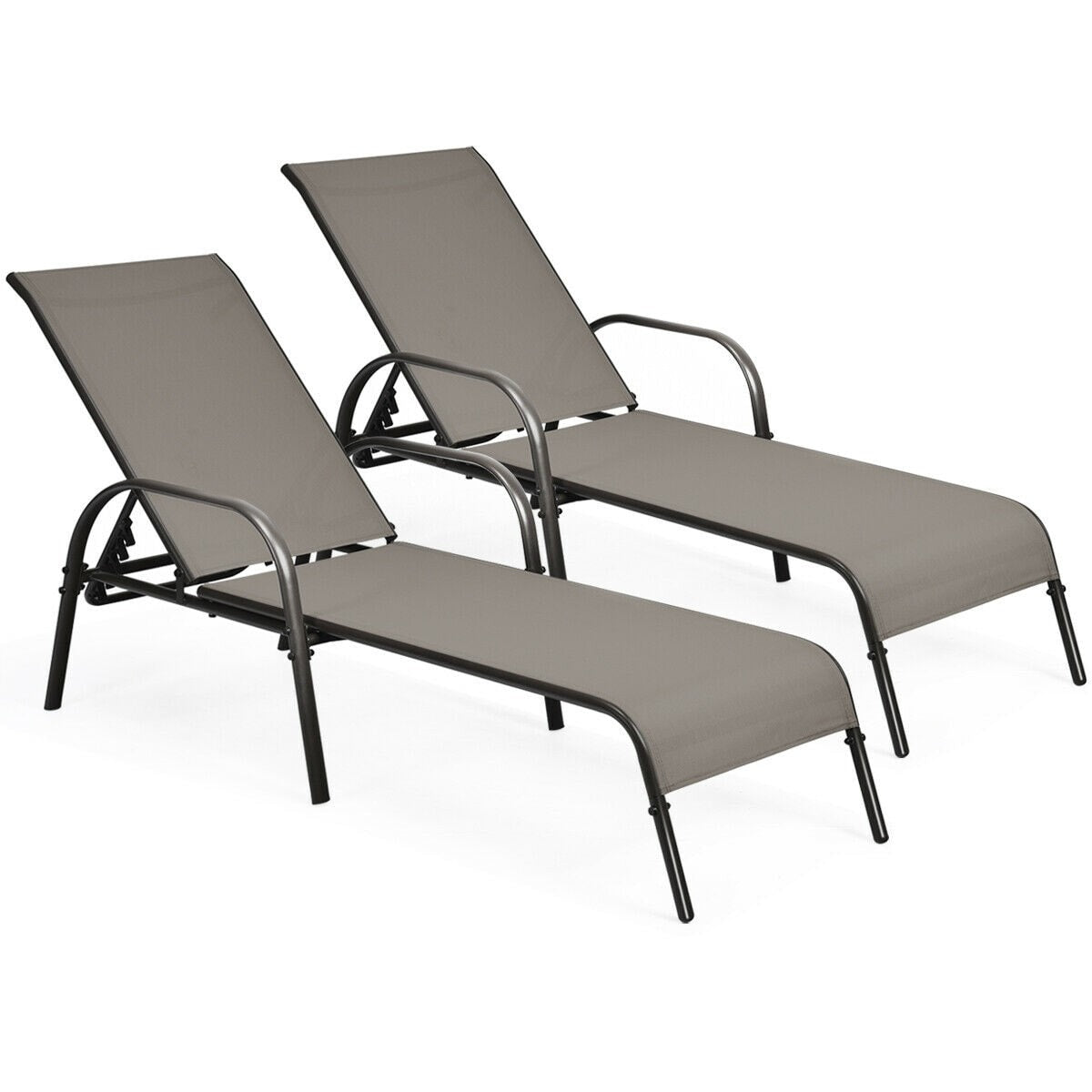 2 Pcs Outdoor Sling Chaise Lounge Chairs Patio Reclining Chairs Sunbathing Chairs with Adjustable Backrest