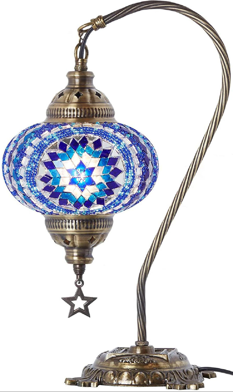 Turkish Moroccan Mosaic Table Lamp With US Plug & Socket, Swan Neck Handmade Desk Bedside Table Night Lamp Decorative Tiffany Lamp Light, Antique