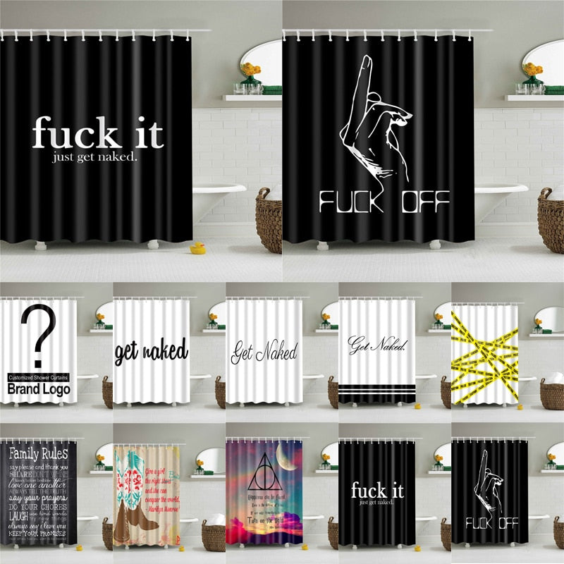 Letters Pattern Shower Curtains Bathroom Curtain Thicken Waterproof Bath Curtain with Plastic 12 Hooks for Home Decoration