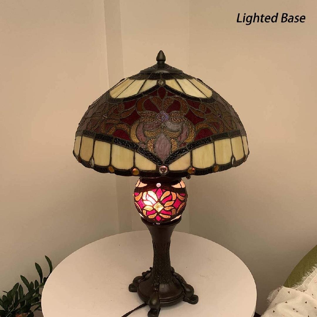 L10802 Baroque Tiffany Style Stained Glass Table Lamp Lighted Base 25 Inches Tall, Red