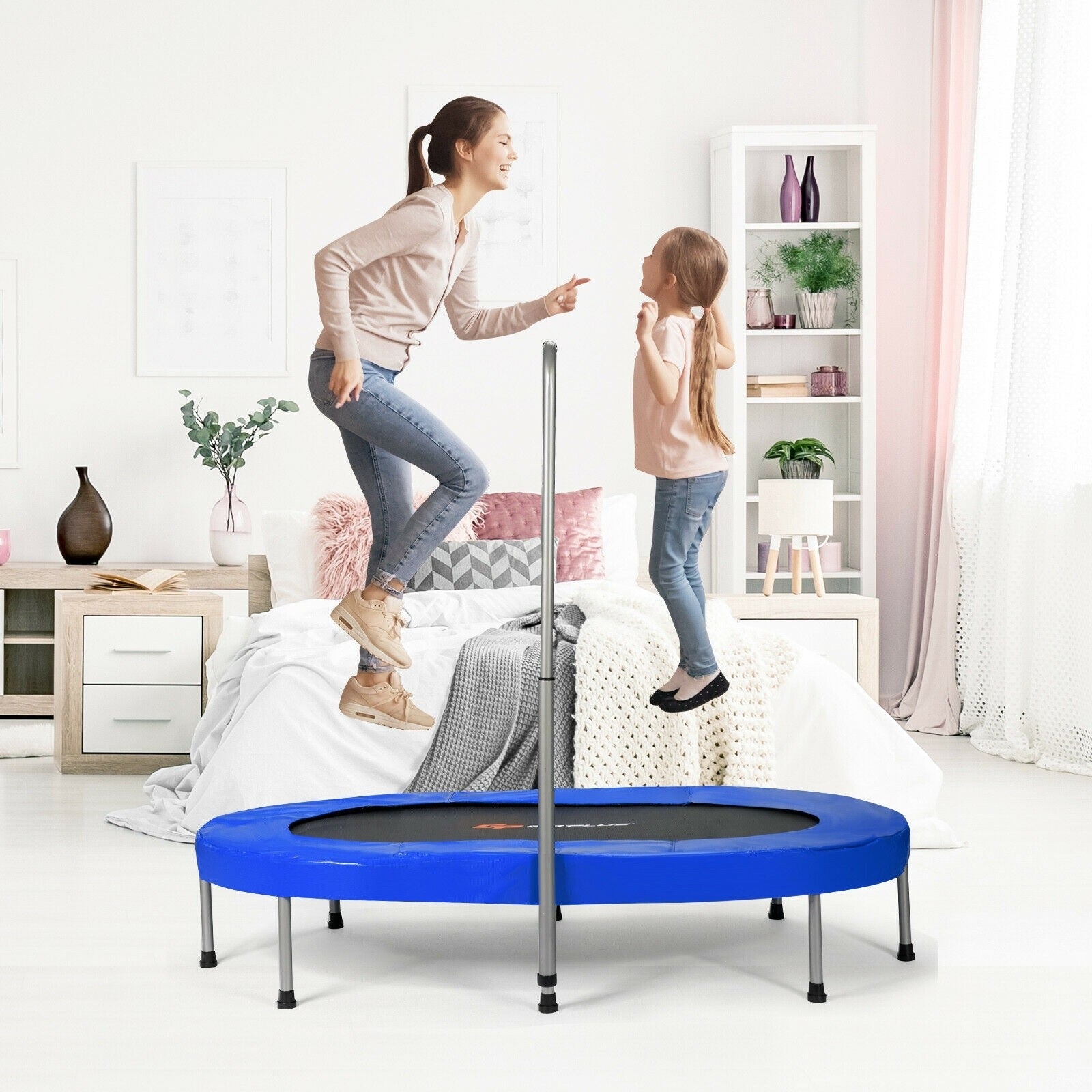 Foldable Double Mini Kids Fitness Trampoline Rebounder with Adjustable Handle
