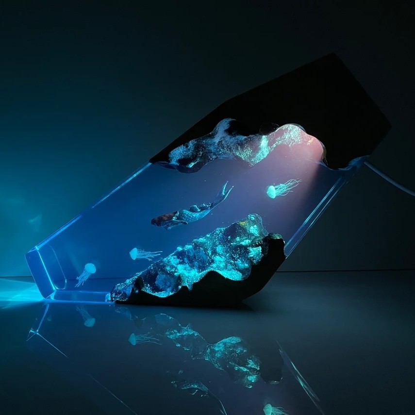 Mermaid And Jellyfish Epoxy Resin Wood Night Light Resin Wood Lamp Blue Ocean Miniature