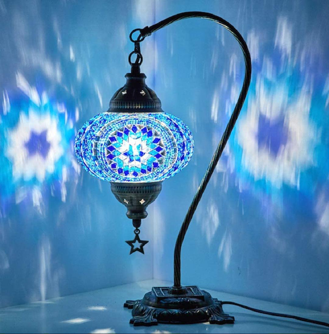 Turkish Moroccan Mosaic Table Lamp With US Plug & Socket, Swan Neck Handmade Desk Bedside Table Night Lamp Decorative Tiffany Lamp Light, Antique