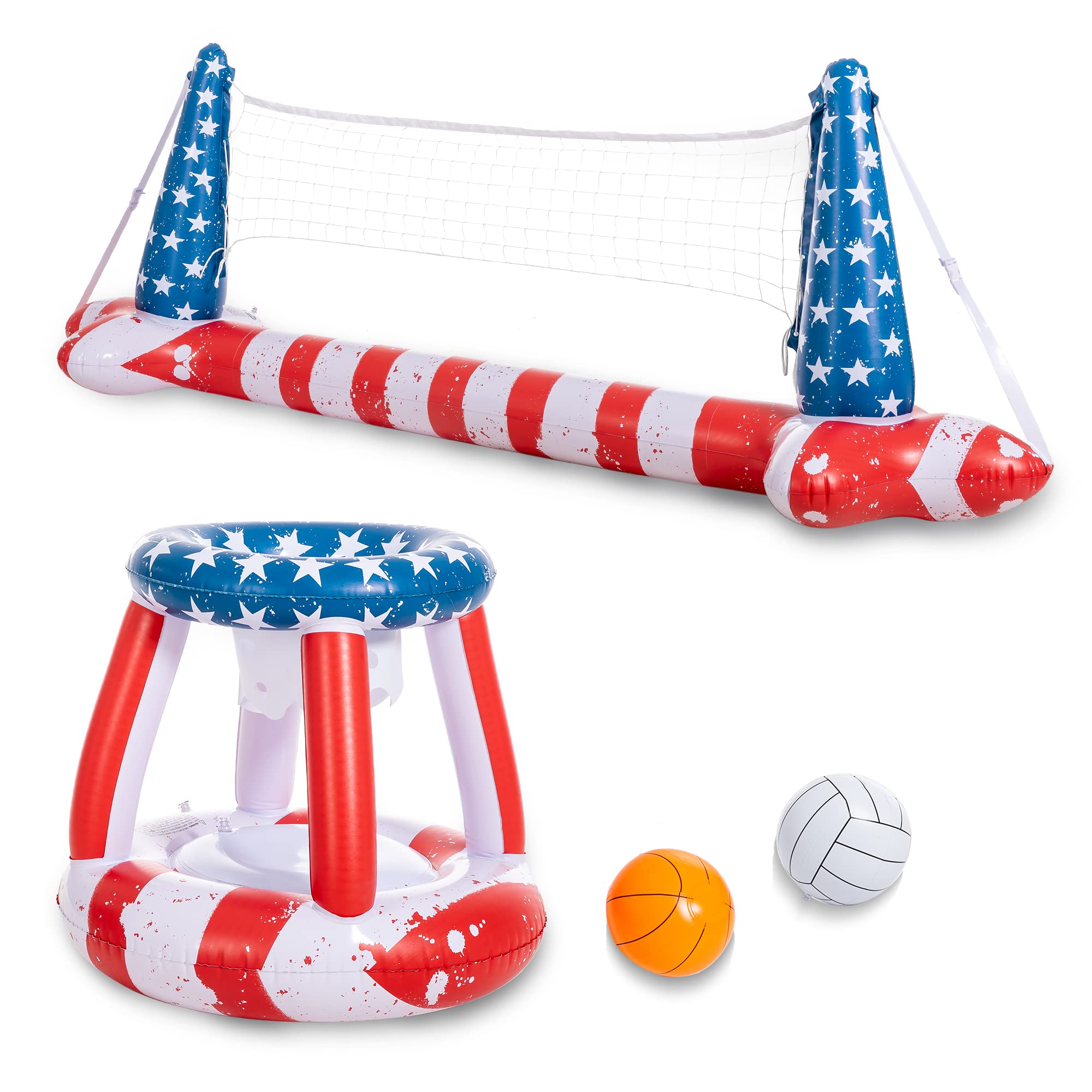 Clearance - American Flag floats Volleyball Net & Basketball Hoops Set