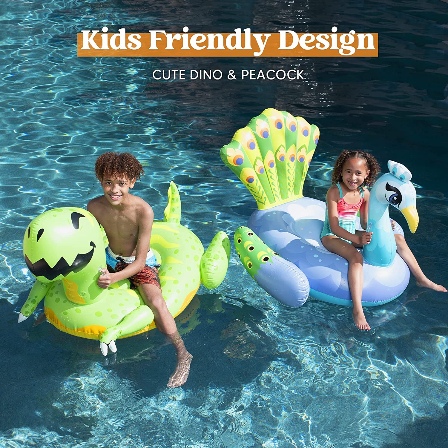 Clearance - Inflatable Dinosaur & Peacock Pool Floats Set