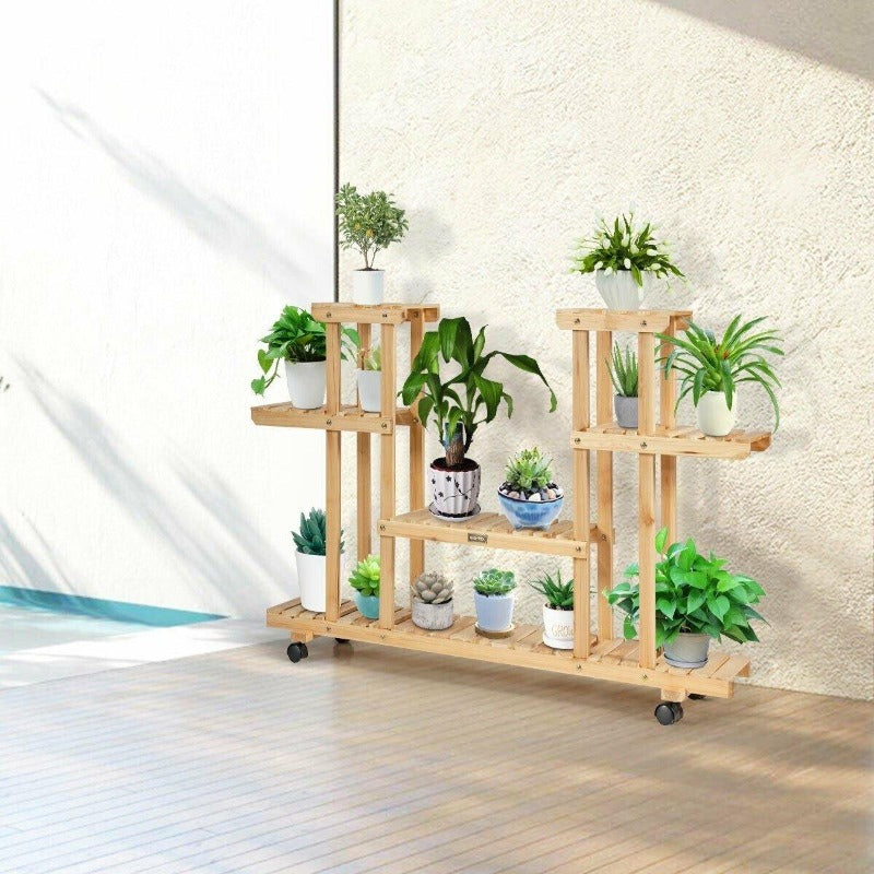 4 Tier Wood Plant Stand Rolling Flower Rack with 4 Wheels