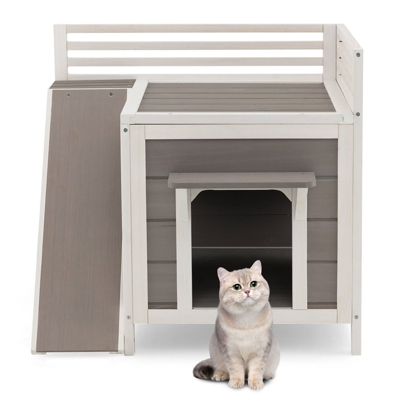2-Story Outdoor Cat House Weatherproof Wooden Cat Shelter with Escape Doors PVC Curtains Side Ladder