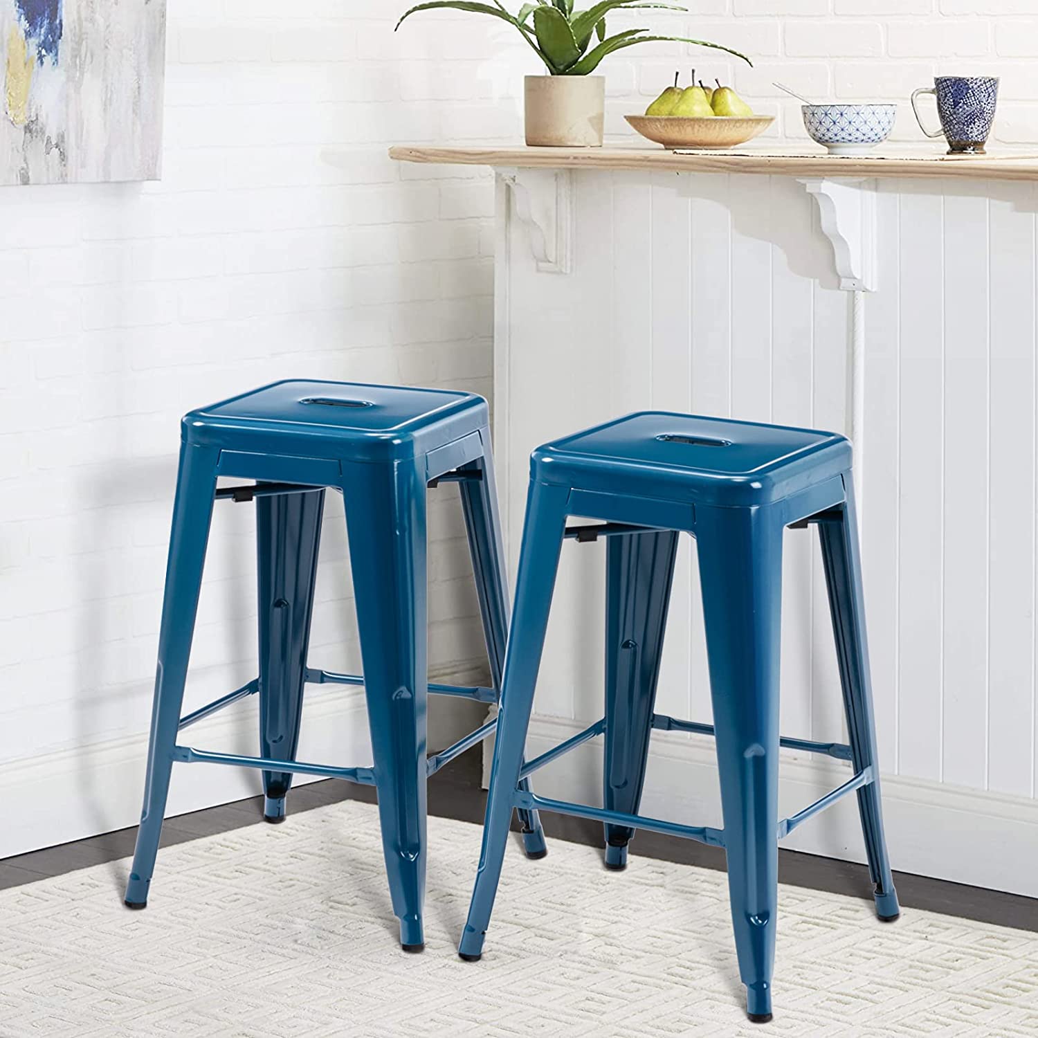 24 Inch Metal Bar stools, Backless Counter Height Barstools, Indoor Outdoor Stackable Stools with Square Seat