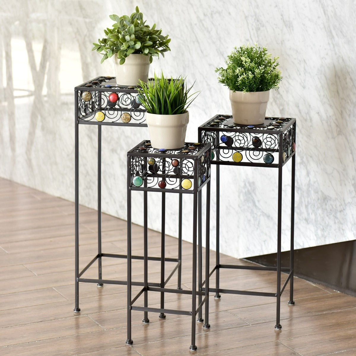 3 Pcs Square Metal Plant Stand Ceramic Beads Flower Display Rack