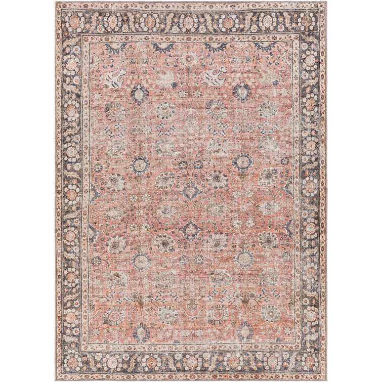 Bria Machine Washable Oriental Dusty Coral/Brick Red Area Rug