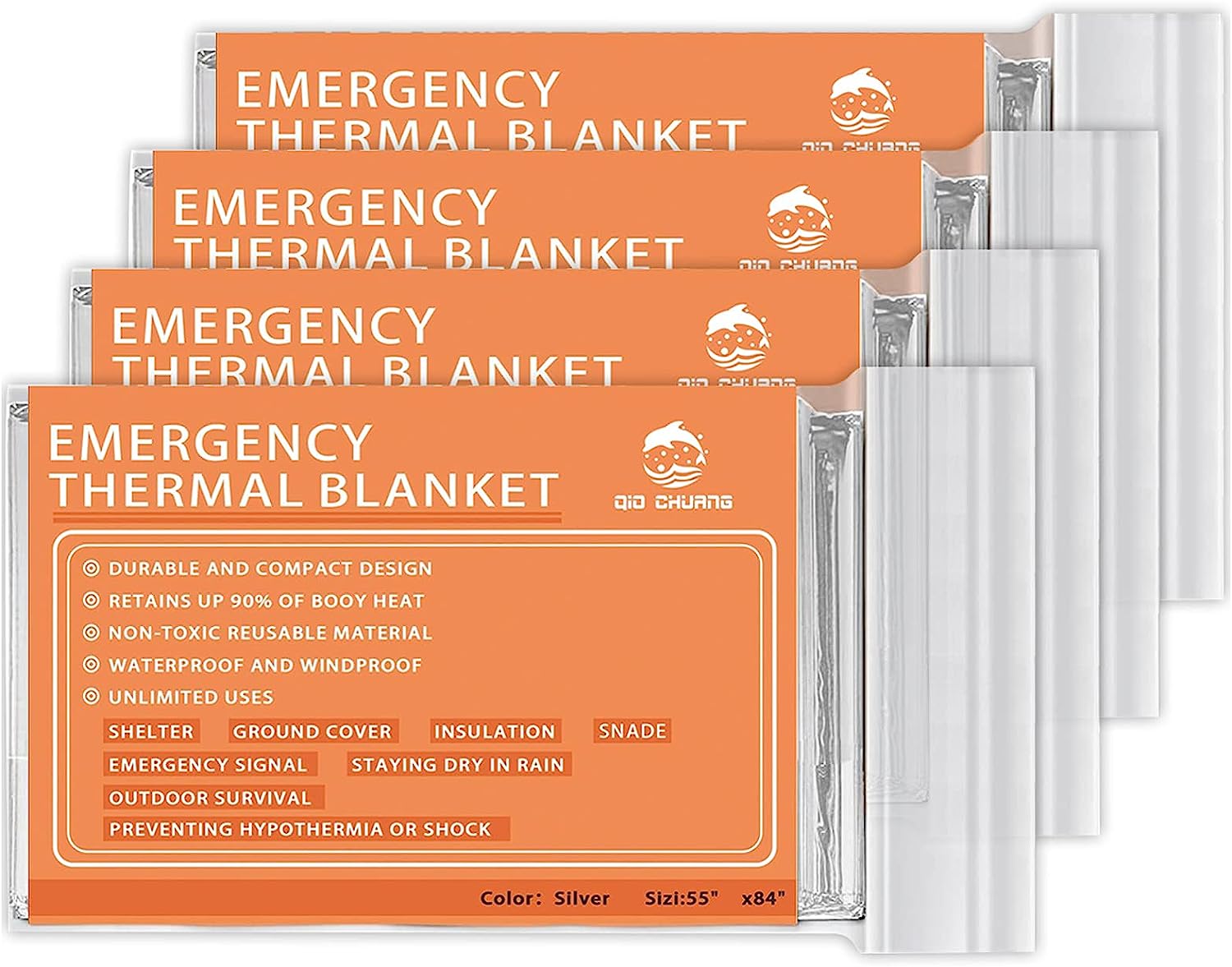 QIO CHUANG Emergency Mylar Thermal Blankets -Space Blanket Survival kit Camping Blanket (4-Pack). Perfect for Outdoors, Hiking, Survival, Bug Out Bag £¬Marathons or First Aid 1