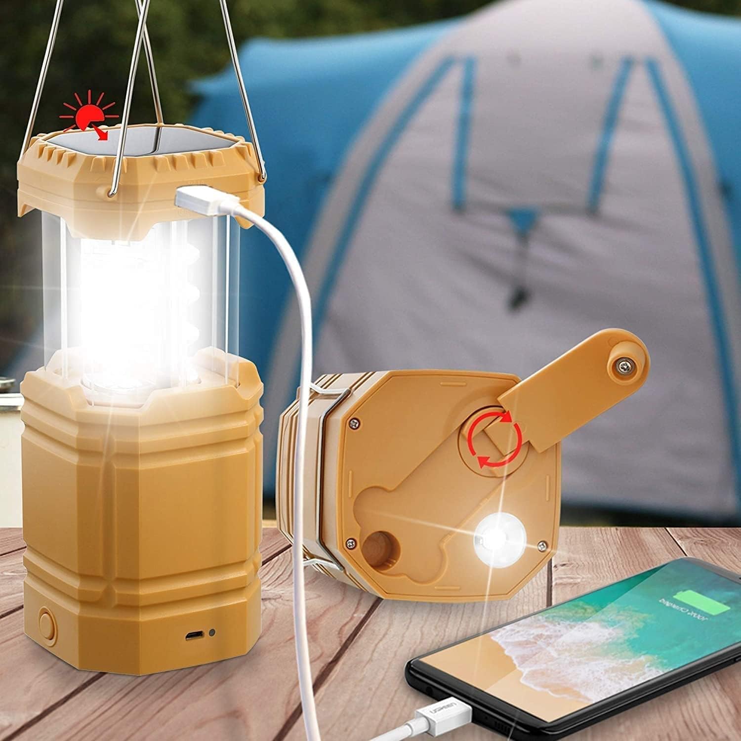 3000 Large Capacity Hand Crank Solar Camping Lantern, Portable Ultra Bright LED Torch, 23-26 Hours Running Time, USB Charger, Electronic Lantern for Outdoor