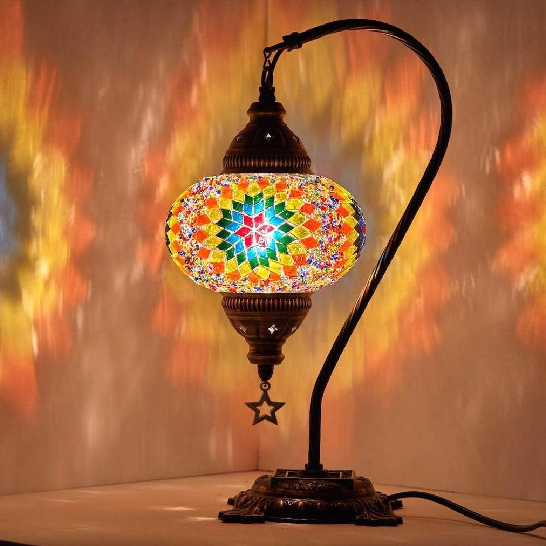 Turkish Moroccan Mosaic Table Lamp With US Plug & Socket, Swan Neck Handmade Desk Bedside Table Night Lamp Decorative Tiffany Lamp Light, Antique