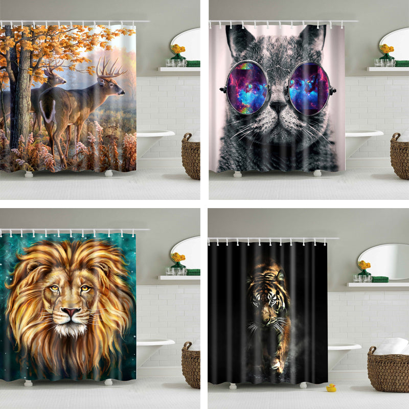 Animals printed lion, tiger, cat 3d bath curtains waterproof polyester fabric washable bathroom-1 shower curtain screen with hooks
