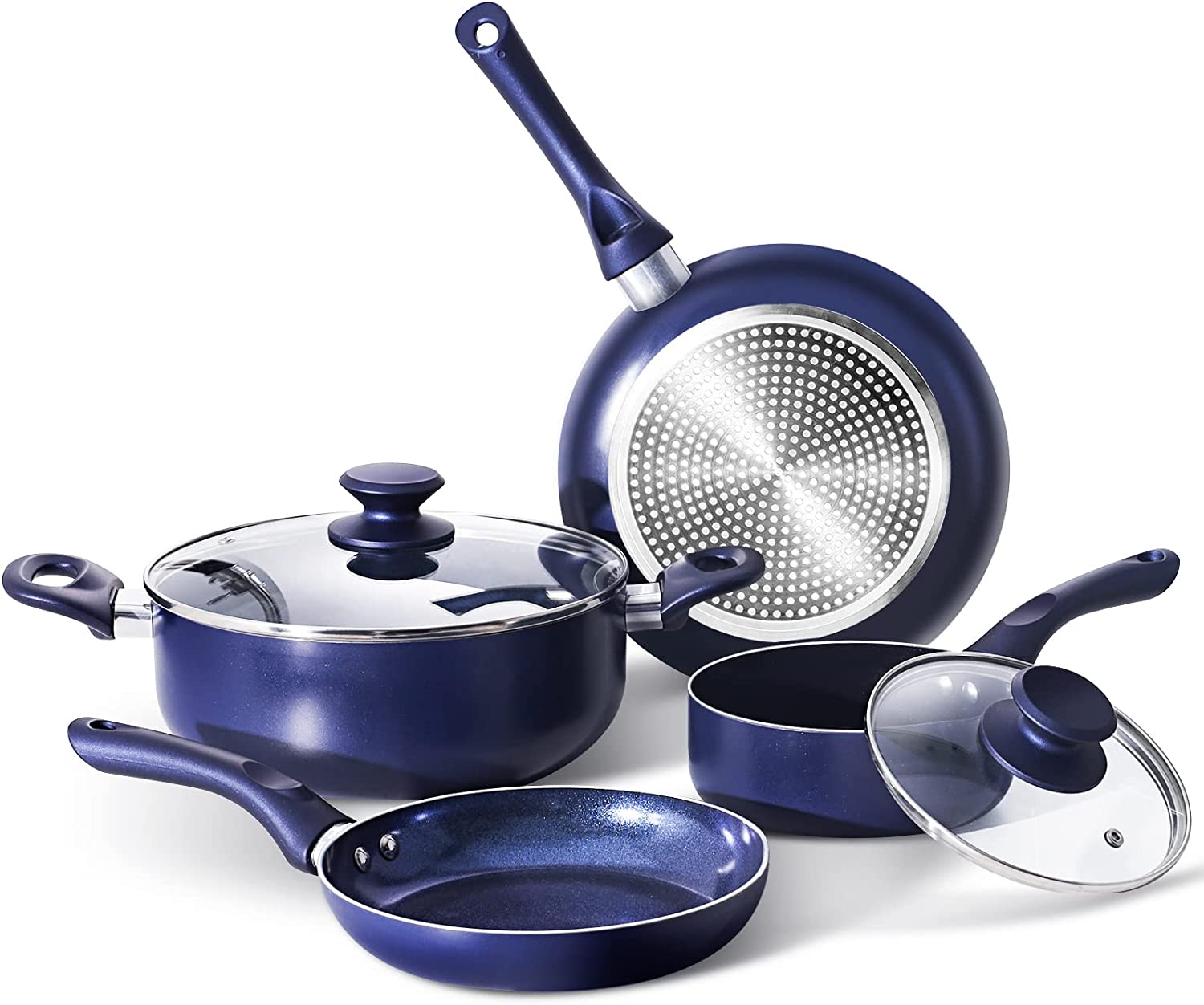 6 Pieces Pots and Pans Set,Aluminum Cookware Set, Fry Pan, Stockpot with Lid, Blue
