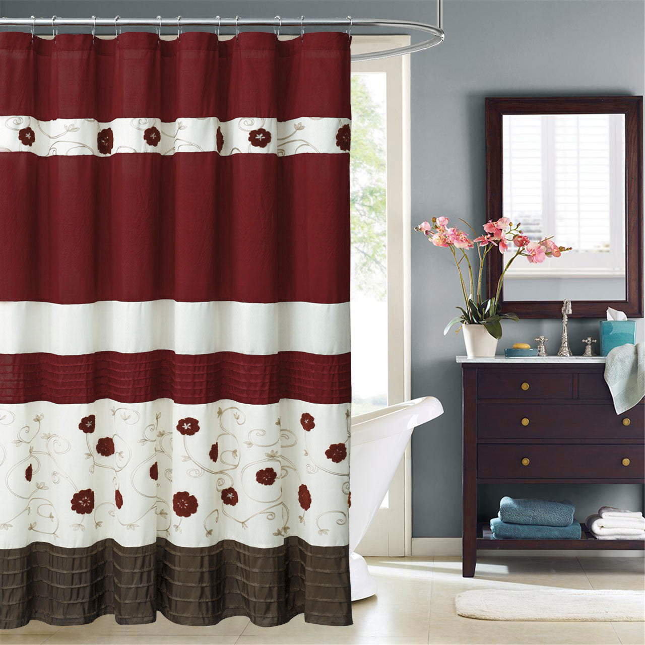 HIG Luxurious Farmhouse Unique Floral Emboridered Cloth Fabric Shwoer Curtain 72x72 Extra Long bathroom-1 Curtain