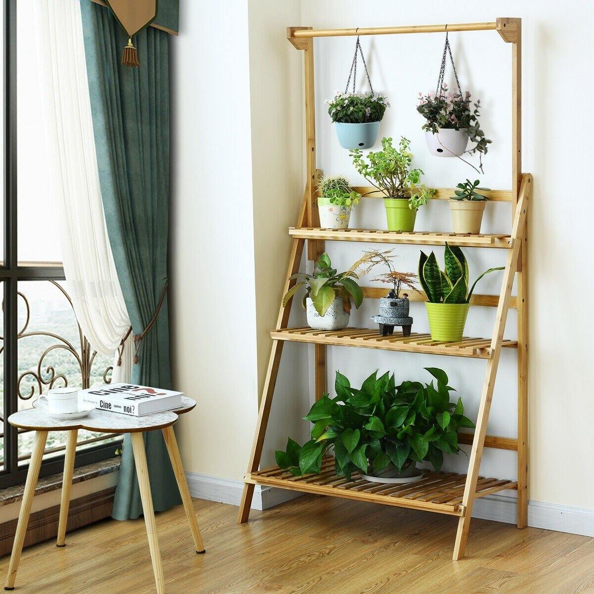 3 Tier Bamboo Hanging Folding Plant Stand Planter Shelf