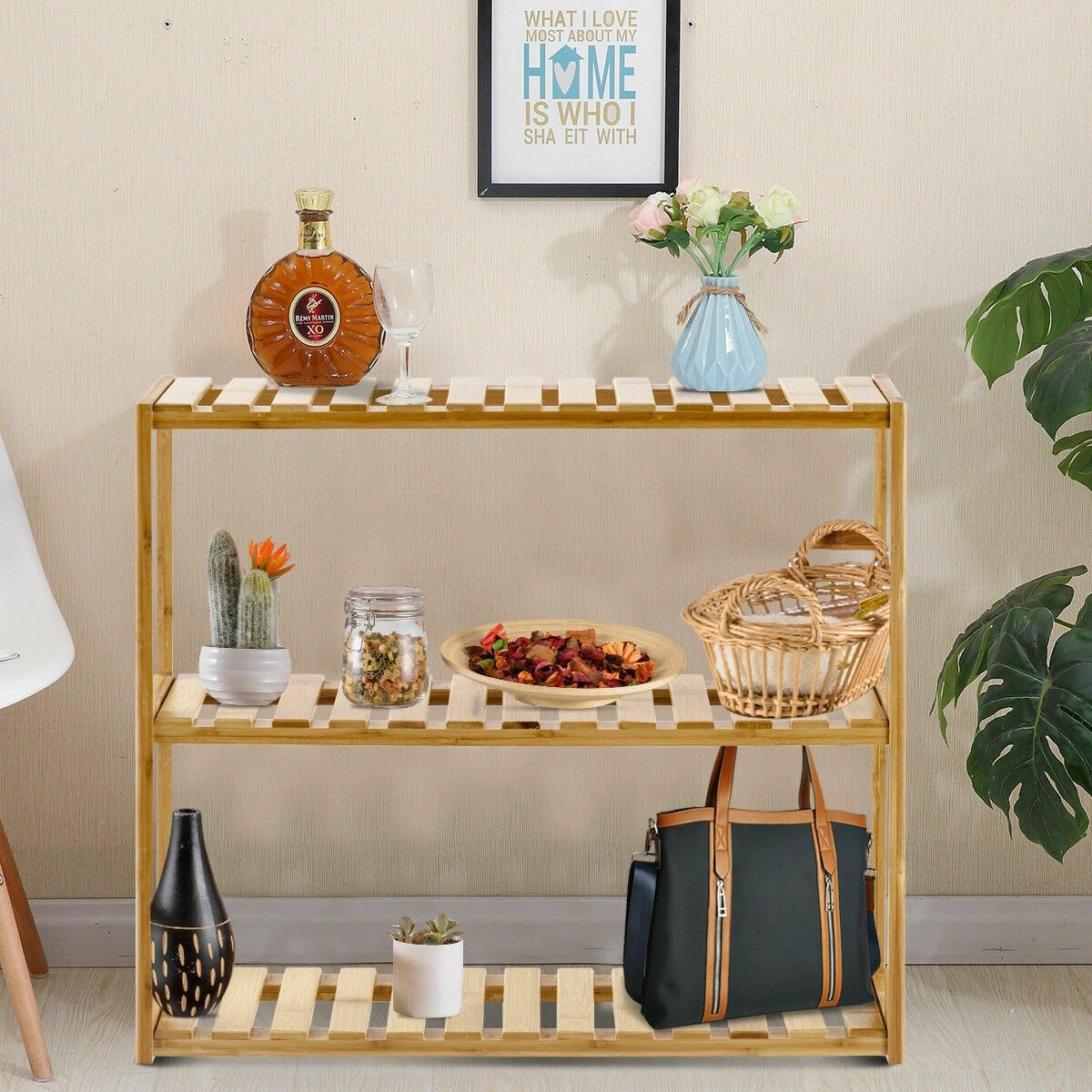 Multifunctional 3-Tier Bamboo Shelf Adjustable Utility Storage Stand Rack