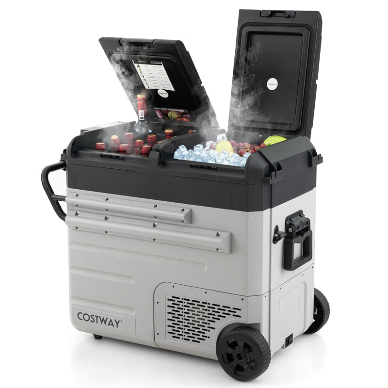 61 Quart Portable Car Refrigerator with Wheels 12/24V DC & 110-240V AC Dual-zone Electric Car Cooler Fridge for RV Camping Travel Home