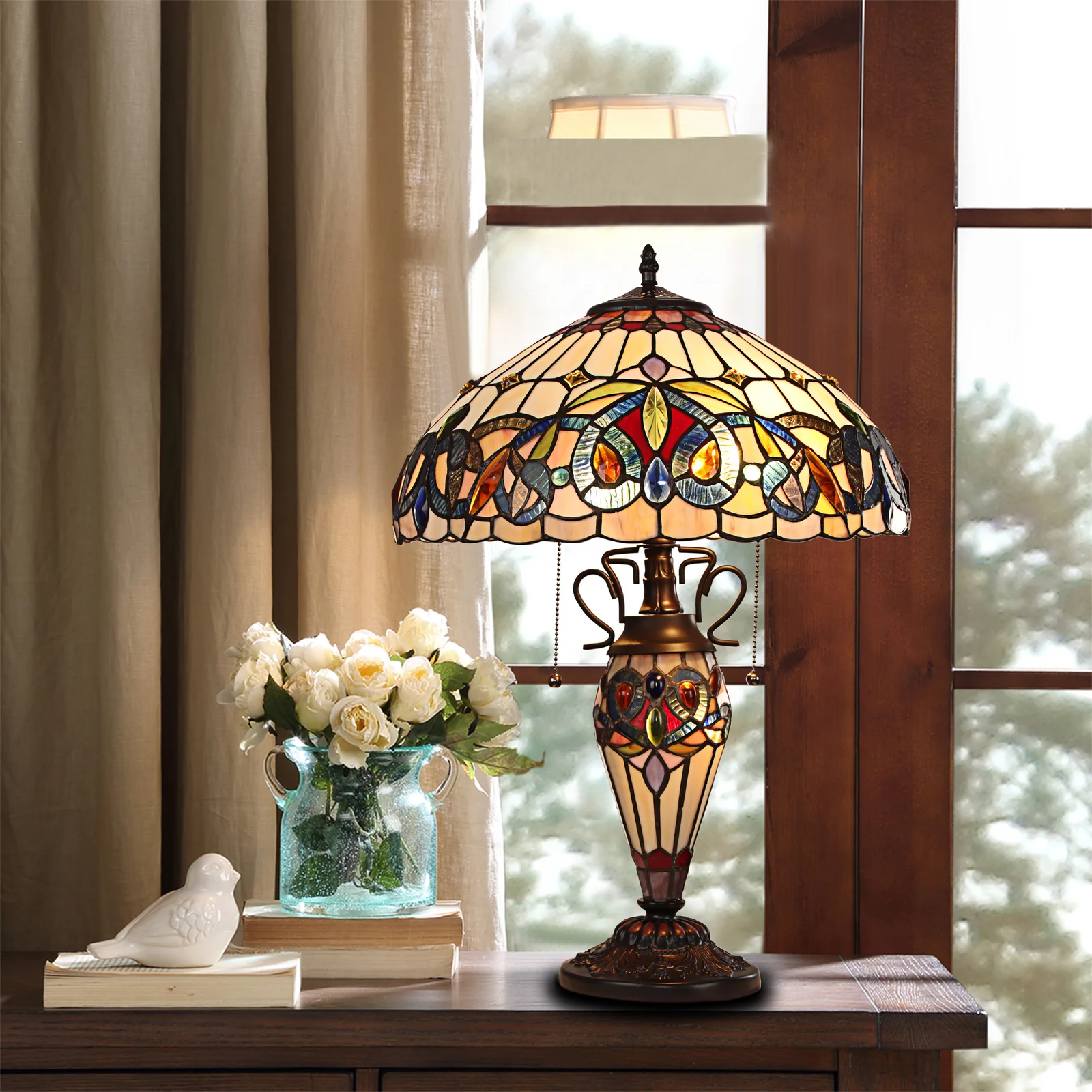 Howey Victorian Tiffany-Style Dark Bronze 3 Light Double Lit Table Lamp 16