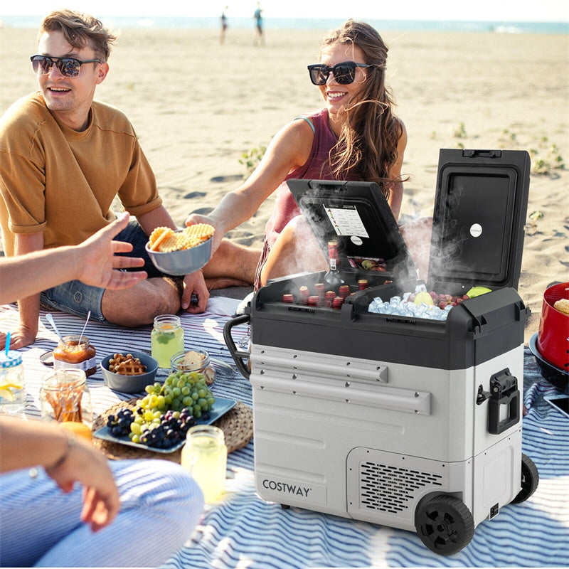 61 Quart Portable Car Refrigerator with Wheels 12/24V DC & 110-240V AC Dual-zone Electric Car Cooler Fridge for RV Camping Travel Home