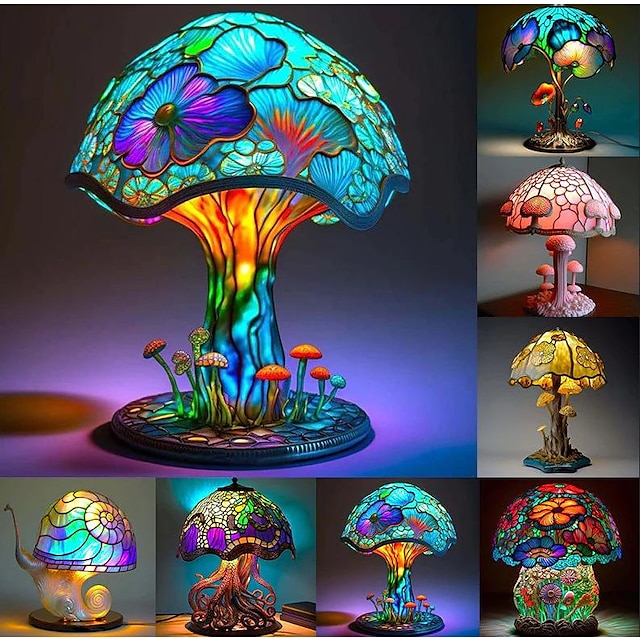 Mushroom Table Lamp, Hight Stained Glass Plant Series Night Light, Bohemian Resin Mushroom Decorative Bedside Lamp for Bedroom Living Room Home Office Decor Gift