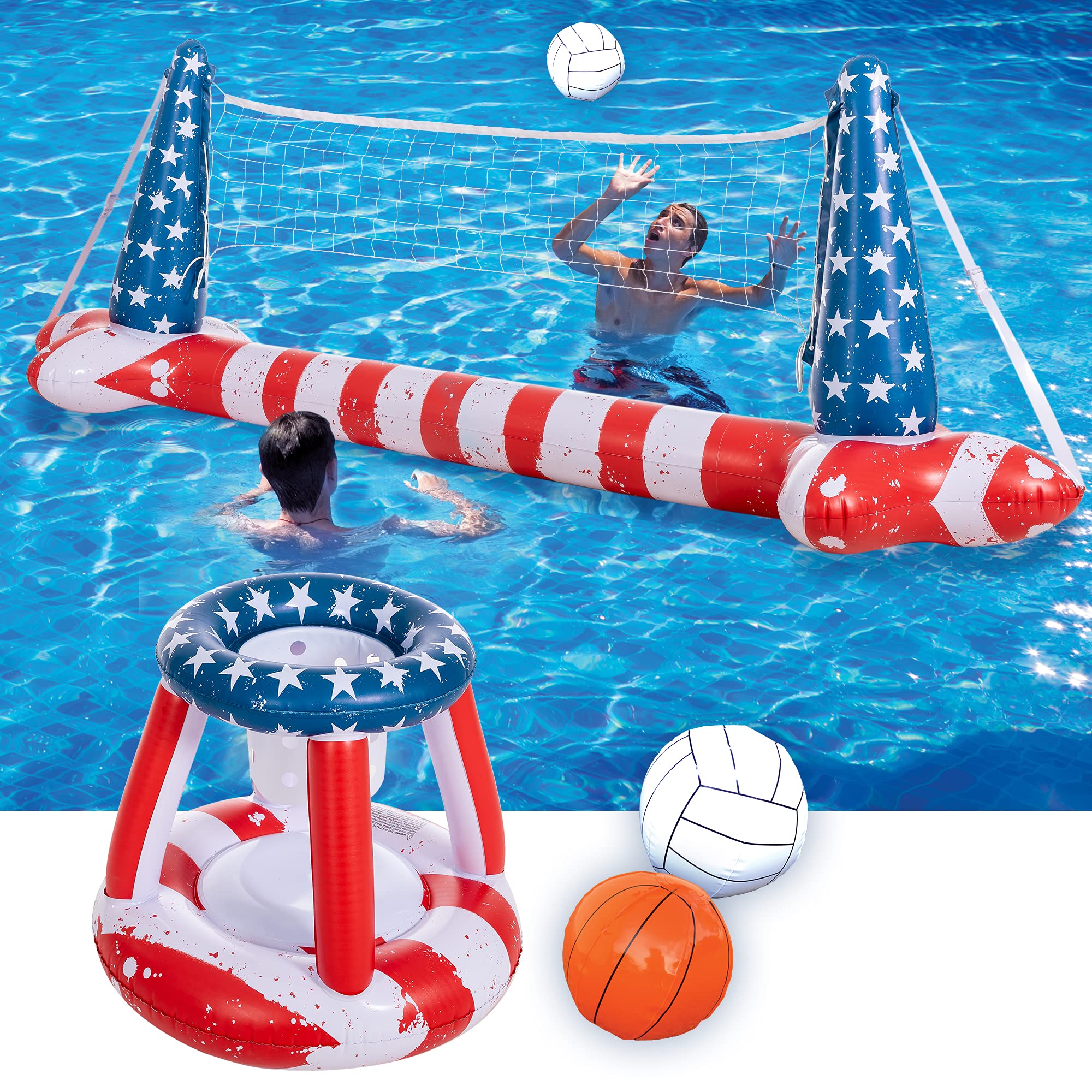 Clearance - American Flag floats Volleyball Net & Basketball Hoops Set