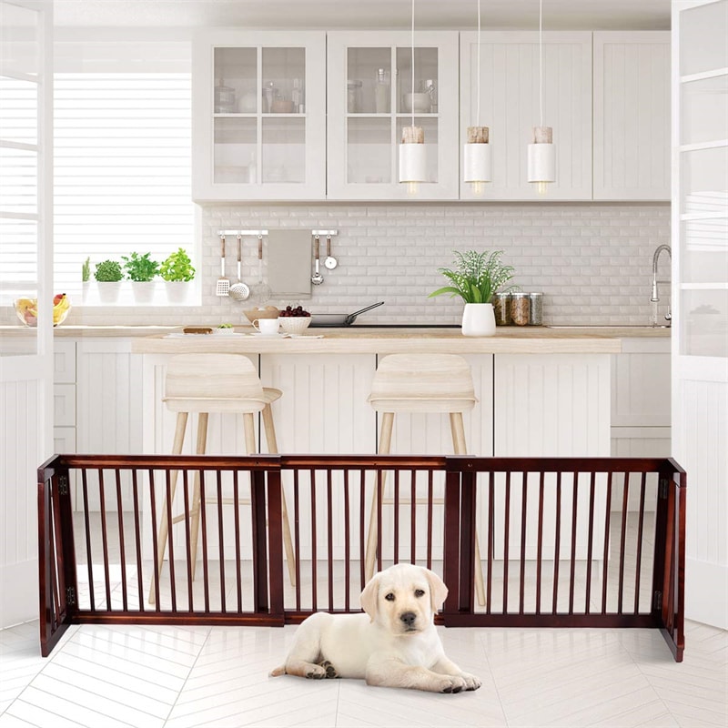 Freestanding Pet Gate Expandable Wood Dog Gate 28''- 80'' Adjustable Step Over Pet Fence for Indoor