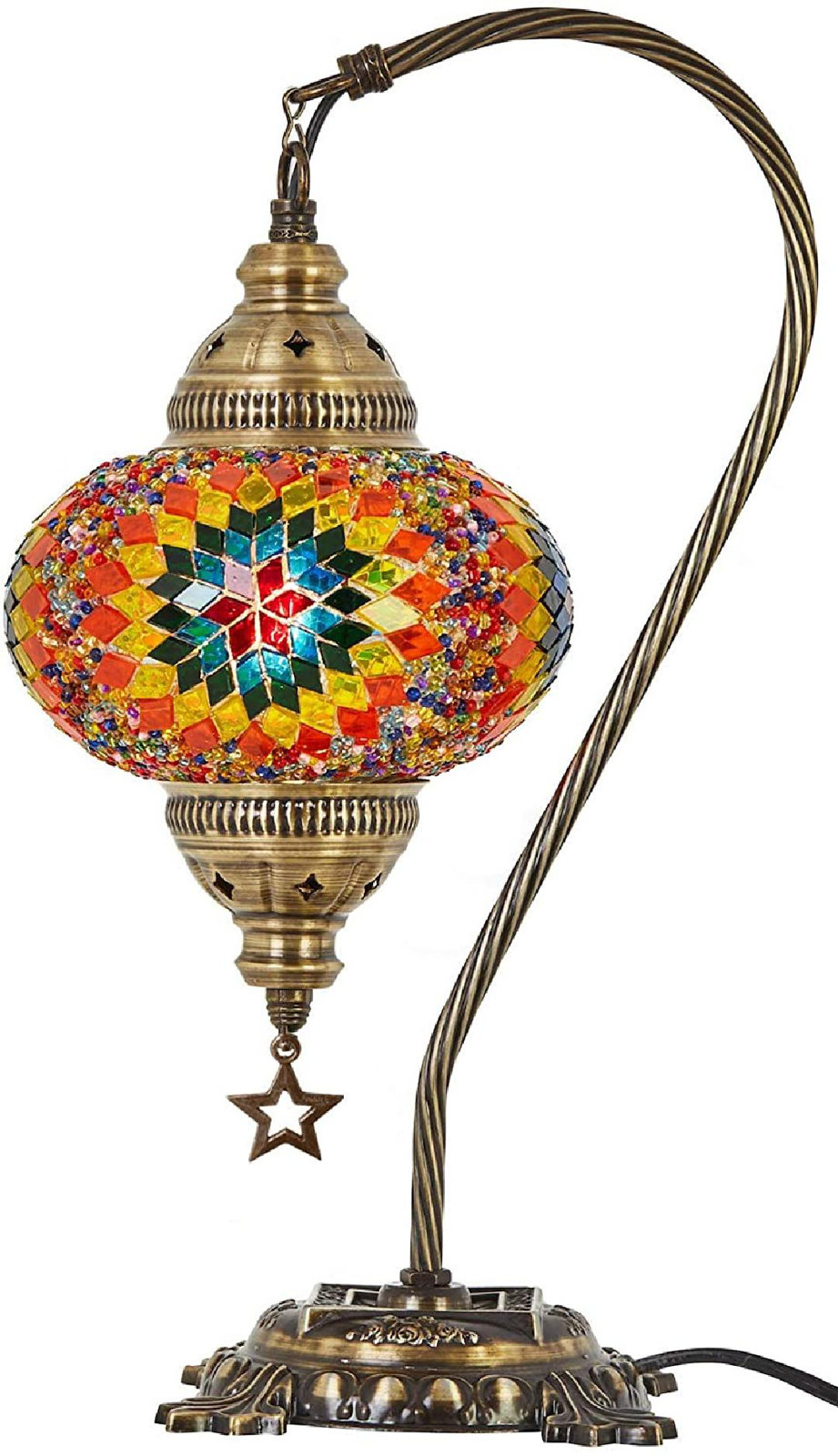 Turkish Moroccan Mosaic Table Lamp With US Plug & Socket, Swan Neck Handmade Desk Bedside Table Night Lamp Decorative Tiffany Lamp Light, Antique