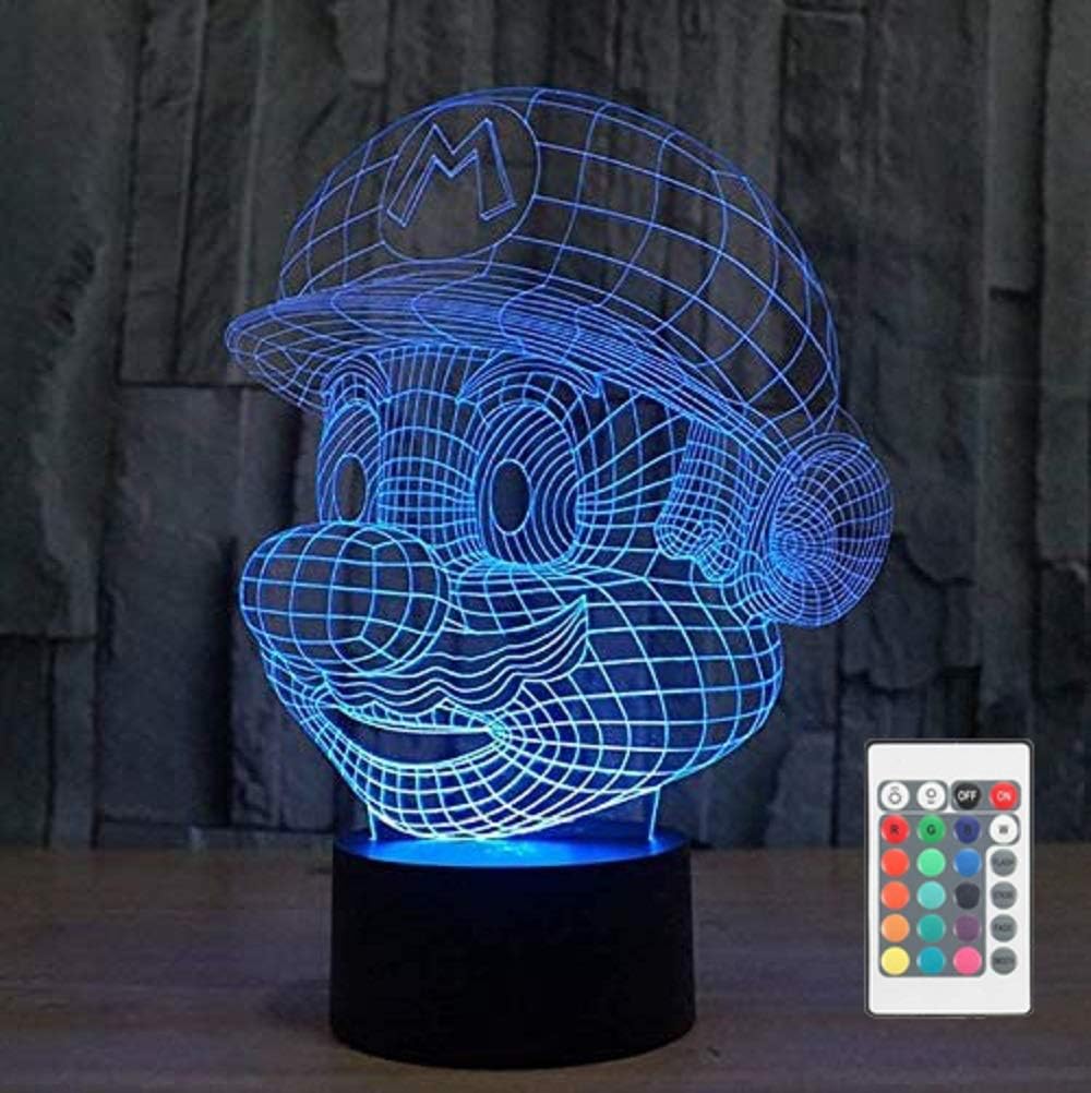 Super Mario Head Figure 3D LED Optical Illusion Action Acrylic Night Light with Remote 7 Colors Change Dimmable USB Powered Bedroom Decor Table Lamp Birthday Christmas Gift for Child Baby Kids