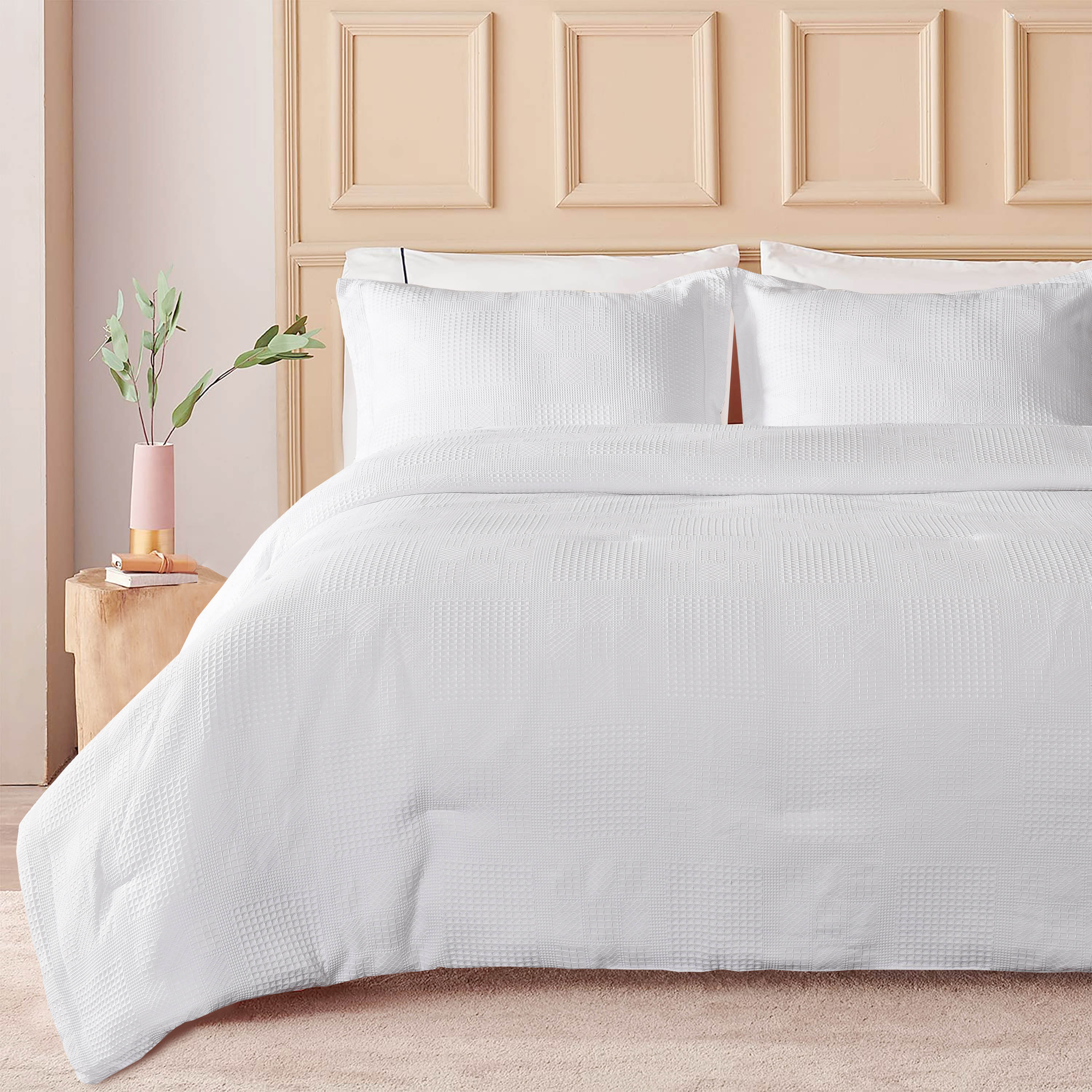 3 Pieces Textured Waffle Weave Comforter Set with Geometric Jacquard Pattern (Borya)
