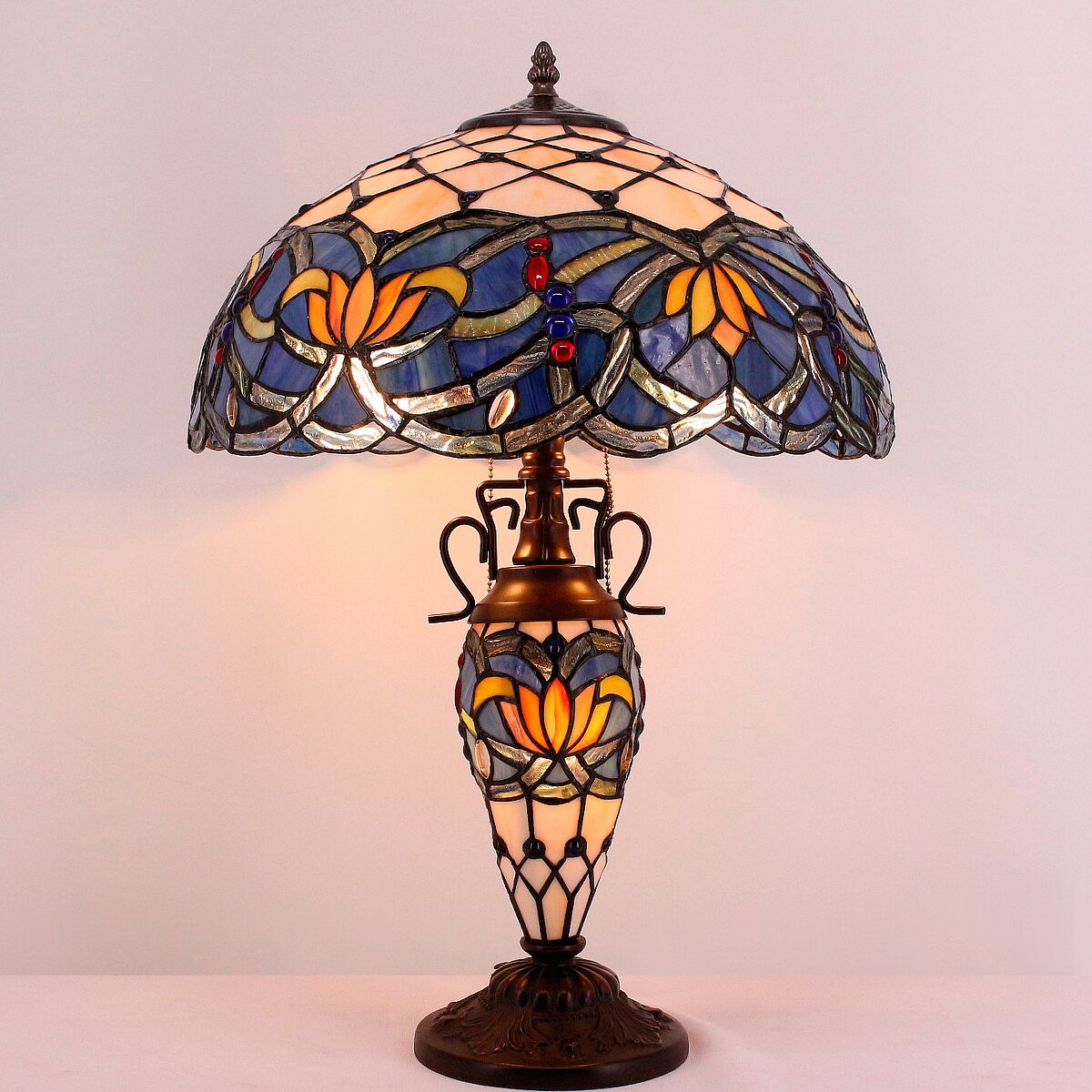 Tiffany Lamp With Nightlight Rustic Large Blue Stained Glass Lotus Table Lamp Desk 24